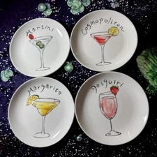 Cocktail APPETIZER PLATES Set of 4 Cosmo Martini Daiquiri Margarita 6.5"