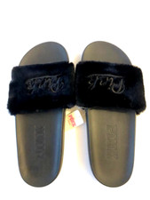 Victoria's Secret Pink Single Strap Soft Faux Fur Slides Black Logo L 9/10 NWT