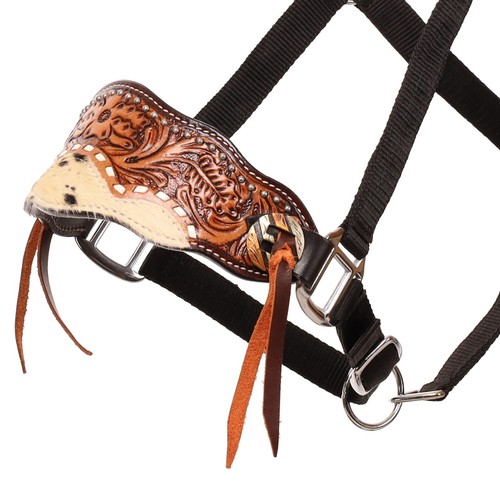 BRONC HALFTER Bloomhide schwarz Nylon Blatt verziert Leder Nasenriemen Haar-auf Rindsleder - Bild 2 von 2