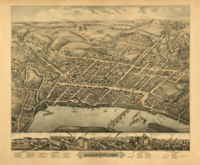 Panoramic Map of Middletown Connecticut 16x20