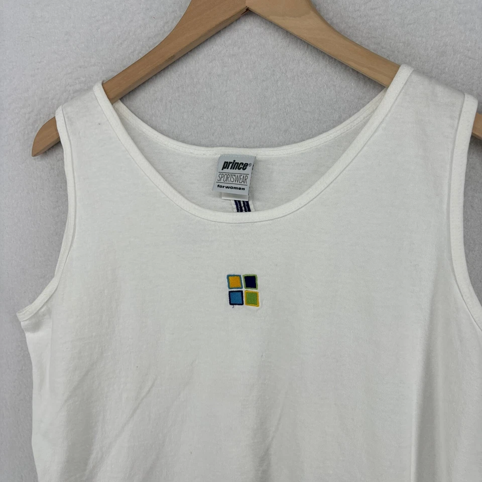 Camiseta sin mangas PRINCE para mujer L ropa deportiva tenis bordada cuadrados blanca de colección EE. UU. Foto 4 de 4