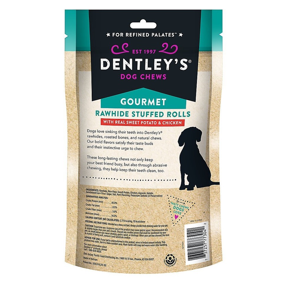 Dentley's Gourmet Rawhide Stuffed Rolls Dog Treats Sweet Potato
