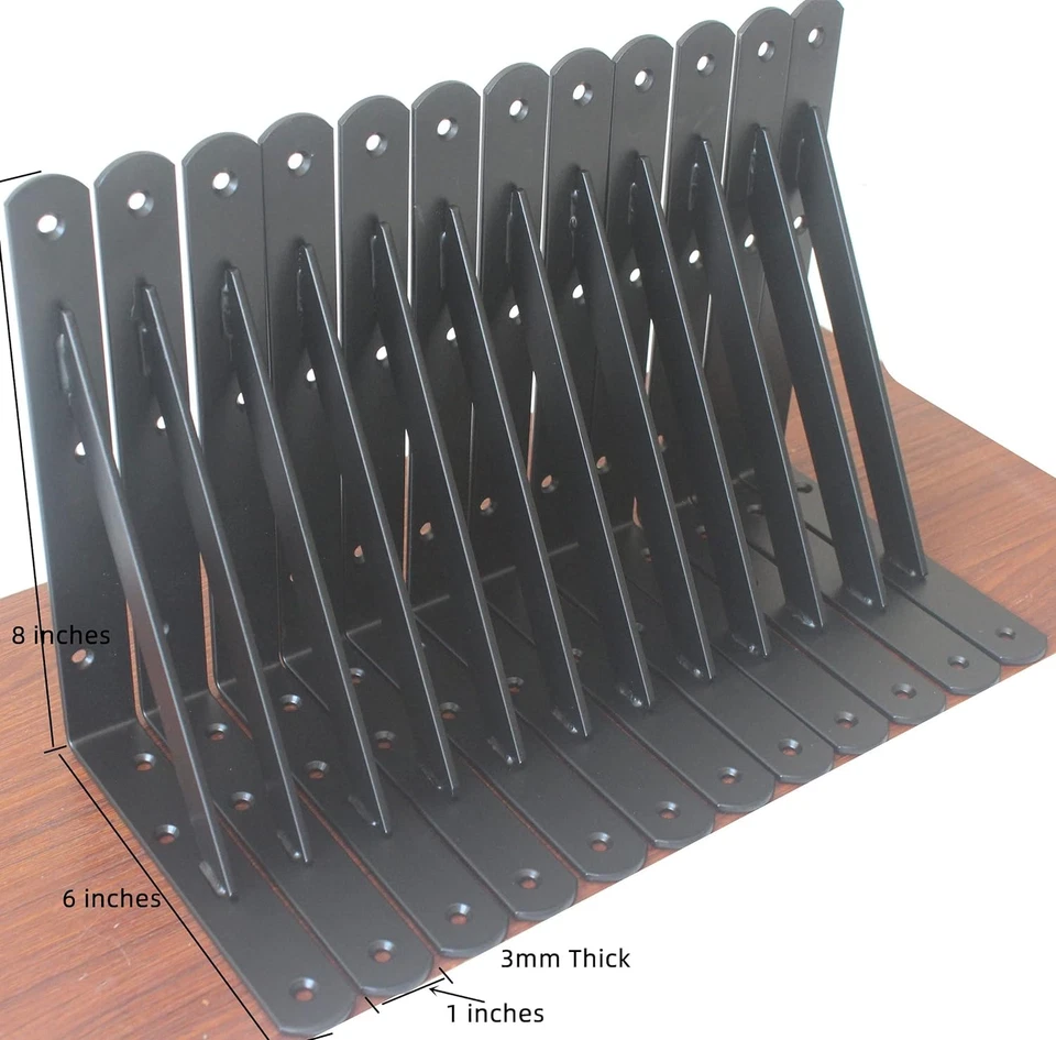 12 Pack L8 X H 6" Black Heavy Duty Shelf Brackets with Screws Metal Shelf Bracke - Image 2 of 4