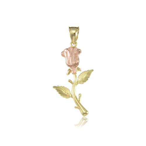 10K Solid Yellow Rose Gold Rose Pendant - Flower Dia Cut Necklace Charm - Picture 1 of 3