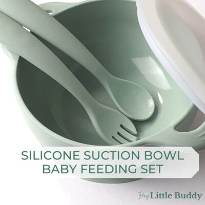Hey Little Buddy Suction Baby Bowl Spoon Fork Spork Lid Feeding Set Silicone - Image 1 of 4