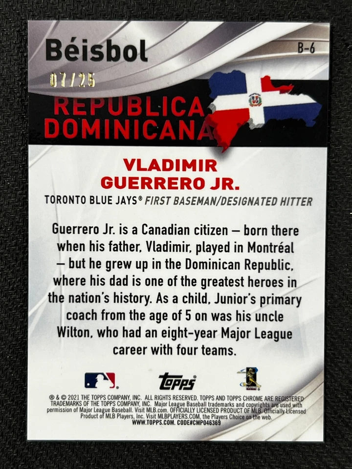 2021 Topps Chrome Beisbol #B-6 Vladimir Guerrero Jr. Orange /25 Toronto - Image 2 of 2