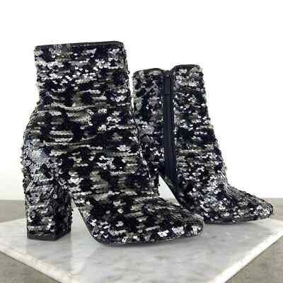Kendall Kylie Black Silver Sequin Heeled Boots