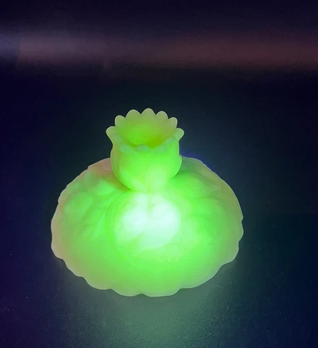 Vintage Fenton Custard Satin Uranium Glass Candlestick, Floral Relief