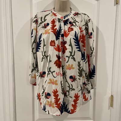 Tazaiy White Size 2XL Leaf Floral Blouse High Neck 3/4 Sleeve Orange Green Rust