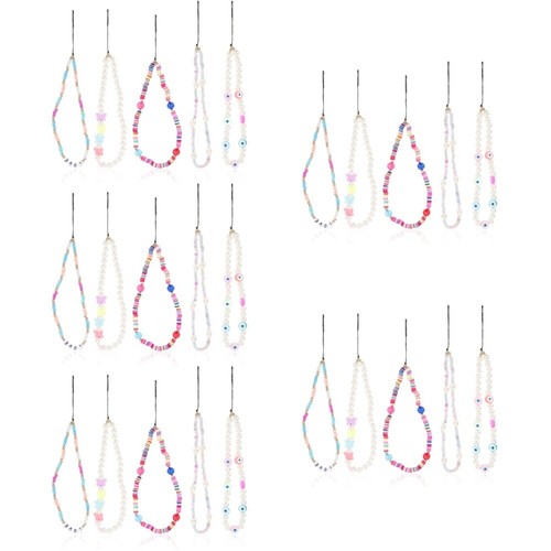 Set of 5 Mobile Phone Lanyard Pearl Chain Charm Wristlet Wristband - Zdjęcie 2 z 12