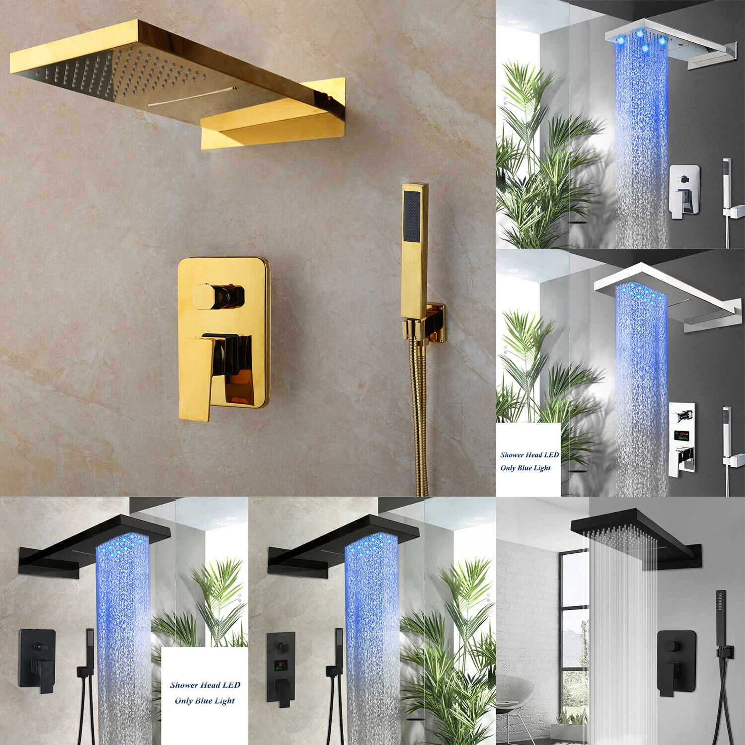 LED Black/Gold Rectangle Shower Head 3-Way Mixer Handheld Shower Taps Faucet Set
Opens in a new wind