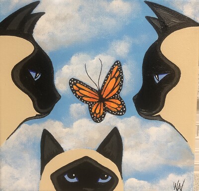 Original PopArt Painting3 SiameseCats & Butterfly 8x8 Acrylic Canvas,Signed COA
