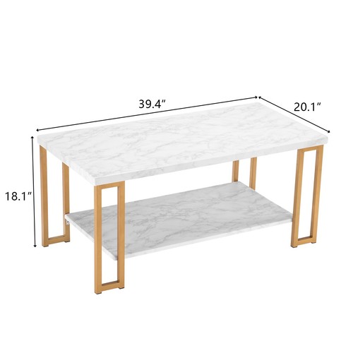 Geometric White and Gold Modern Abstract 2-Tier Coffee Table with Faux Marble - Picture 4 of 22