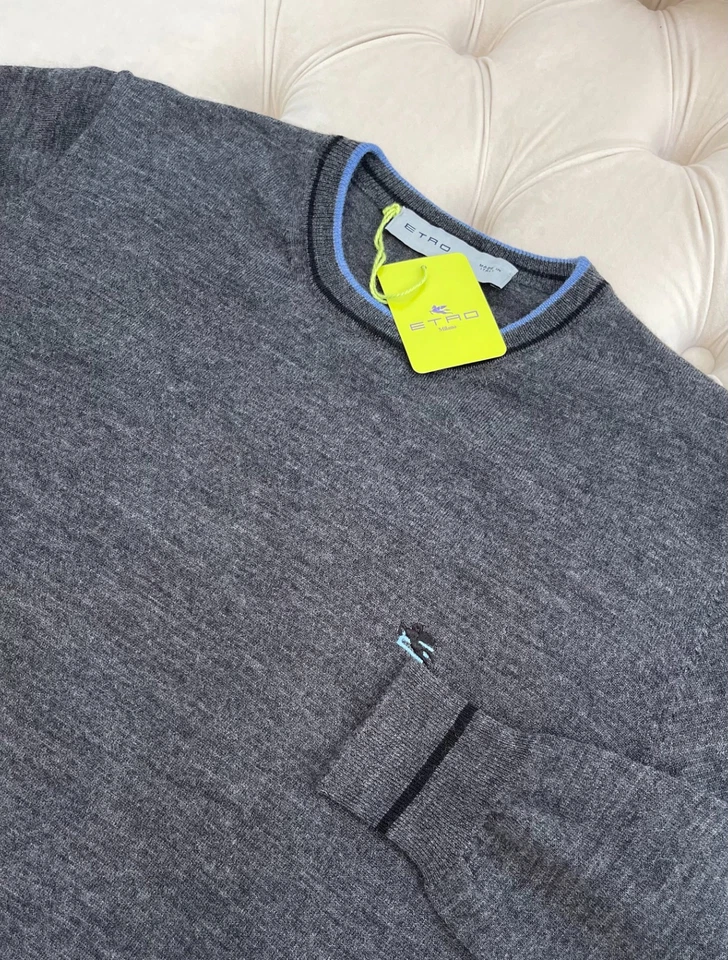 Men's ETRO Milano Pullover Wool Knit Logo Crew Neck Dark Gray Sweater L size - Image 3 of 4