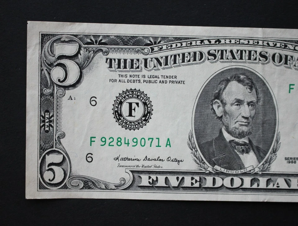 1988 $5 Atlanta Federal Reserve Note/F-1979F/about uncirculated/FREE SHIPPING! - Image 2 of 4