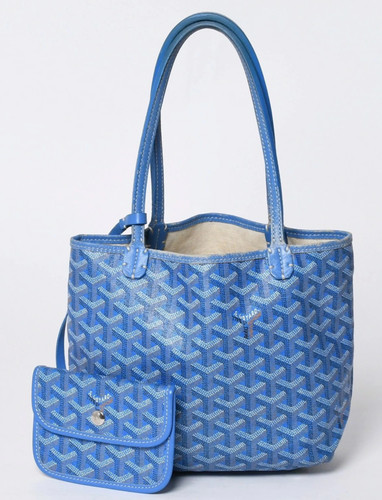 Goyard Saint Louis Junior Shoulder Tote Bag Light Blue PVC Leather Herringbone