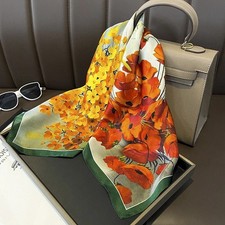 100 Silk Mulberry 27" Square Scarf Women Vintage Neckerchief Wrap Orange Flower
