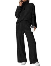 Womens Lounge Sets 2 Piece Outfits Ribbed Knit Half Zip Sweatshirt Wide Leg S...