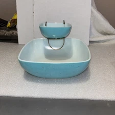 Vintage Pyrex Turquoise Blue Square Chip and Dip Set Bowl With Bracket MCM
