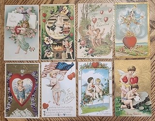 8 cartoline San Valentino in rilievo con bambini angelici 1900 1910 Germania