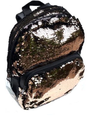 NEW Office Depot Reversible Sequined Backpack w/Leather Back - Gold