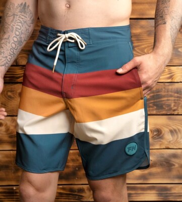 NWT FASTHOUSE MEN S AFTER HOURS TEAL STRIPE 18  BOARD SHORTS TRUNKS SIZE 30