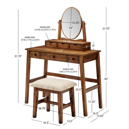 Linon Home Decor Vanity Set 18" Walnut w/Beige Upholstered Bench Heavy Duty - 第 4/5 張圖片
