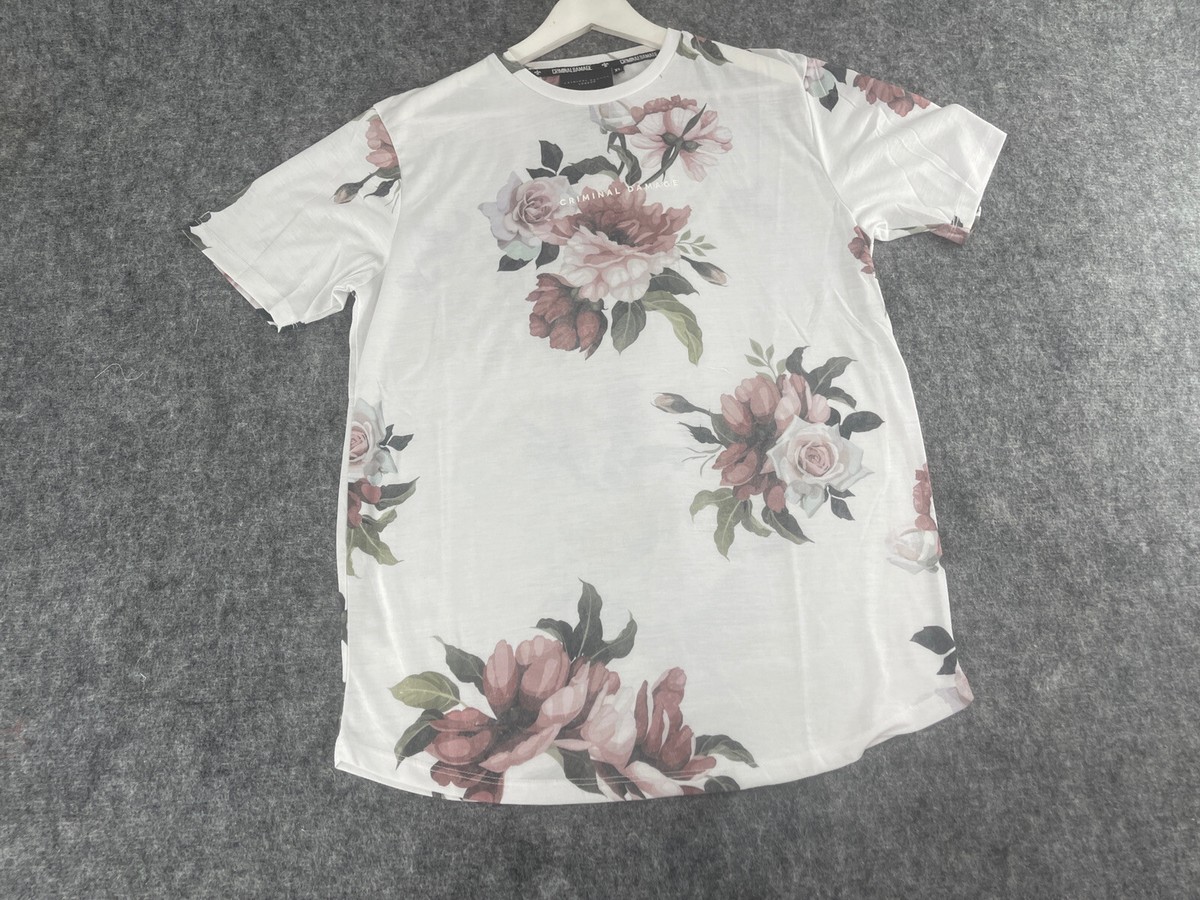 CRIMINAL DAMAGE Shirt Mens Small Tee Floral White Hawaiian