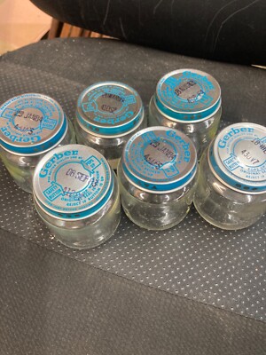 6-Vintage Gerber baby food Jar W/ Lid no labels