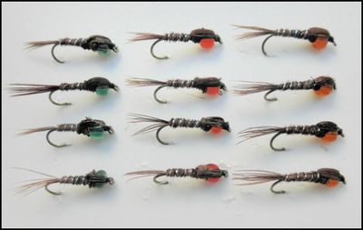 Pheasant Tail Nymph Fishing flies, 12 Hotheads Red, Orange & Green, Size 10/12