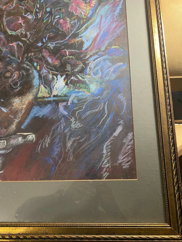 Huge "Still Life With An Urn With Flowers Scene" Gouache Painting -Signed/Framed — 第 4/4 张图片