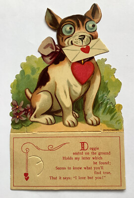 Vintage Valentine Die Cut Card Puppy Dog Heart Stand Up Germany 1920-30s