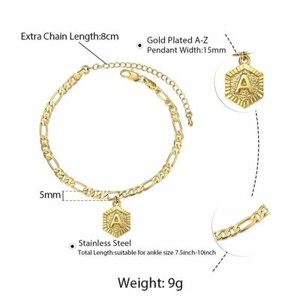 Authentic 2 Style Letter A-Z Anklet Bracelet Gold Plated Figaro/Curb Chain