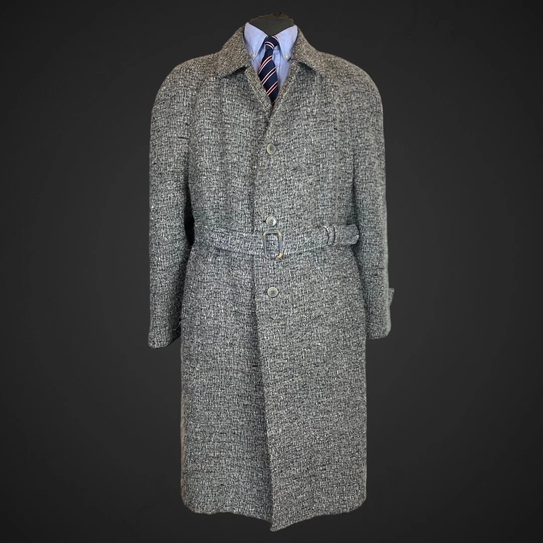 Vintage Jaeger Overcoat Textured Wool Grey Coat Belted 46R Made In