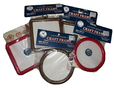 Vtg Craft Frames (LOT of 5) Square/Round Faux wood/Red Cross Stitch-Embroidery