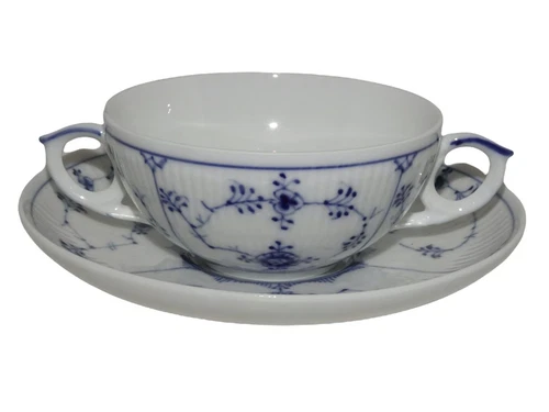 Rare Small Royal Copenhagen Blue Fluted Soup Cup with Saucer