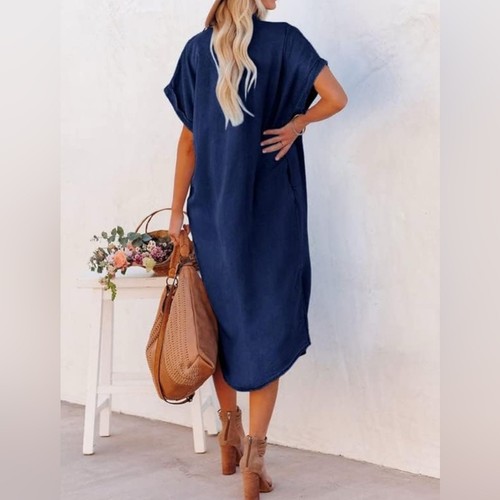 Dokotoo Womens Button-Down Short Sleeve Denim Cardigans Maxi Dresses w/SideSplit - Picture 3 of 4