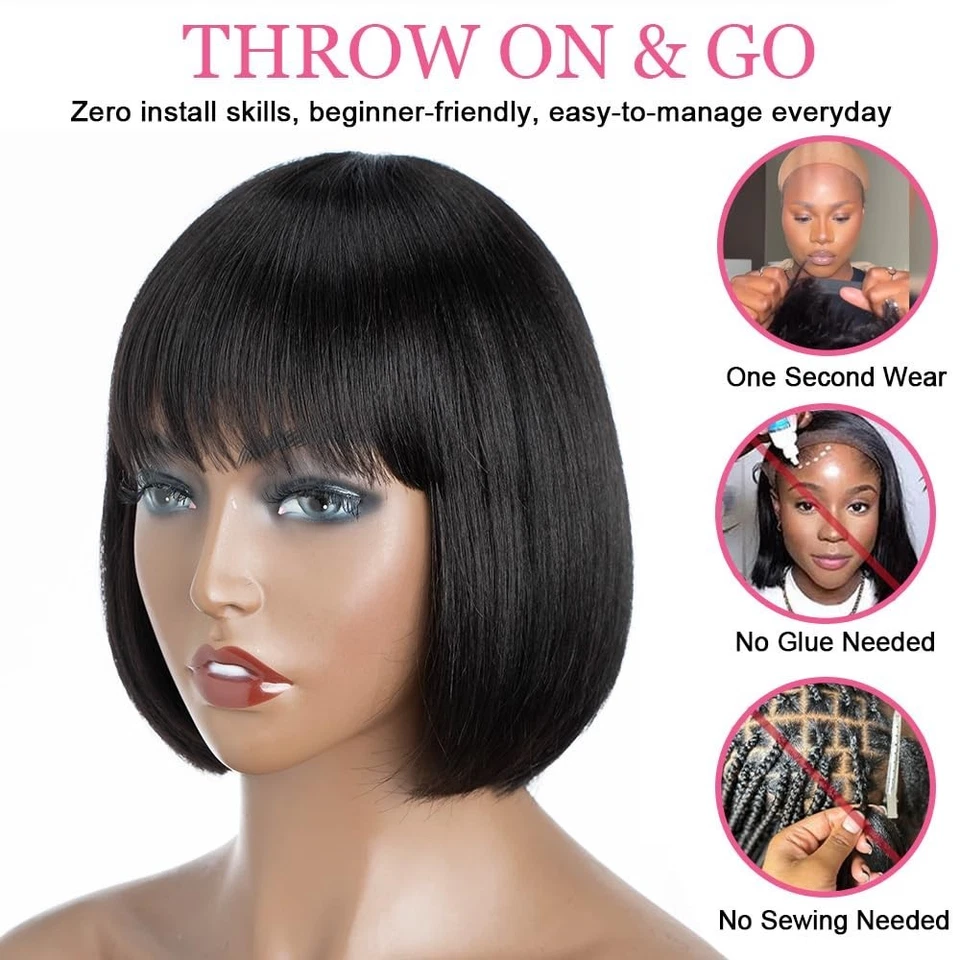 Short Bob Human Hair Wig with Bangs None Lace Front Wigs Brazilian Straight Hair - Image 2 of 4