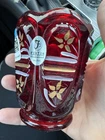Fenton Ruby Red Hand Painted Art Glass Bud Vase Gold White Signed H Burkhart