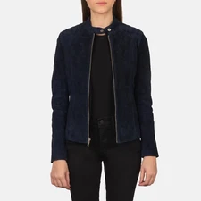 Women's Navy Blue Suede Leather Jacket Slim Fit Biker Style with Stand Collar Zi