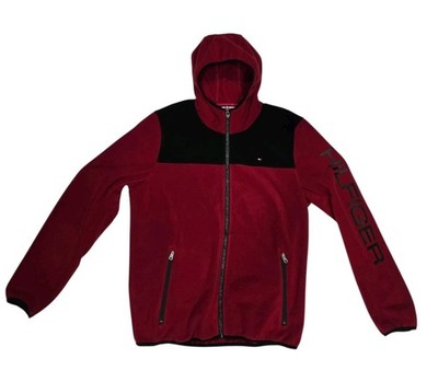 Tommy Hilfiger Men's Medium Full Zip Hoodied Fleece Jacket Red Black Colorblock