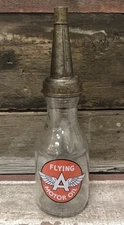 TYDOL FLYING “A” 1 Qt. Glass Motor Oil Bottle w/ Tin Master Mfg. Co. Spout & Cap