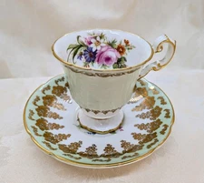 Perfectly Mismatched Teacup & Saucer Set– Mint Green Floral Gold Foley & Stanley