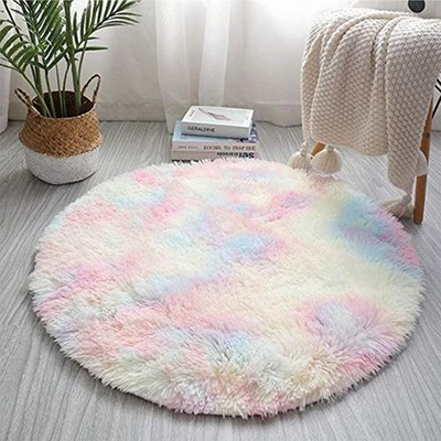 Cute Colorful Rug Round Fluffy Rainbow Area Rugs for Girls Room, Modern Fluffy Colorful ...