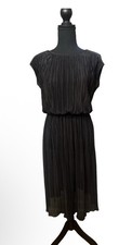 Sz M 8 Vintage 70s Black Accordion Pleats Bloused Dress Satin Smocked midi Skirt