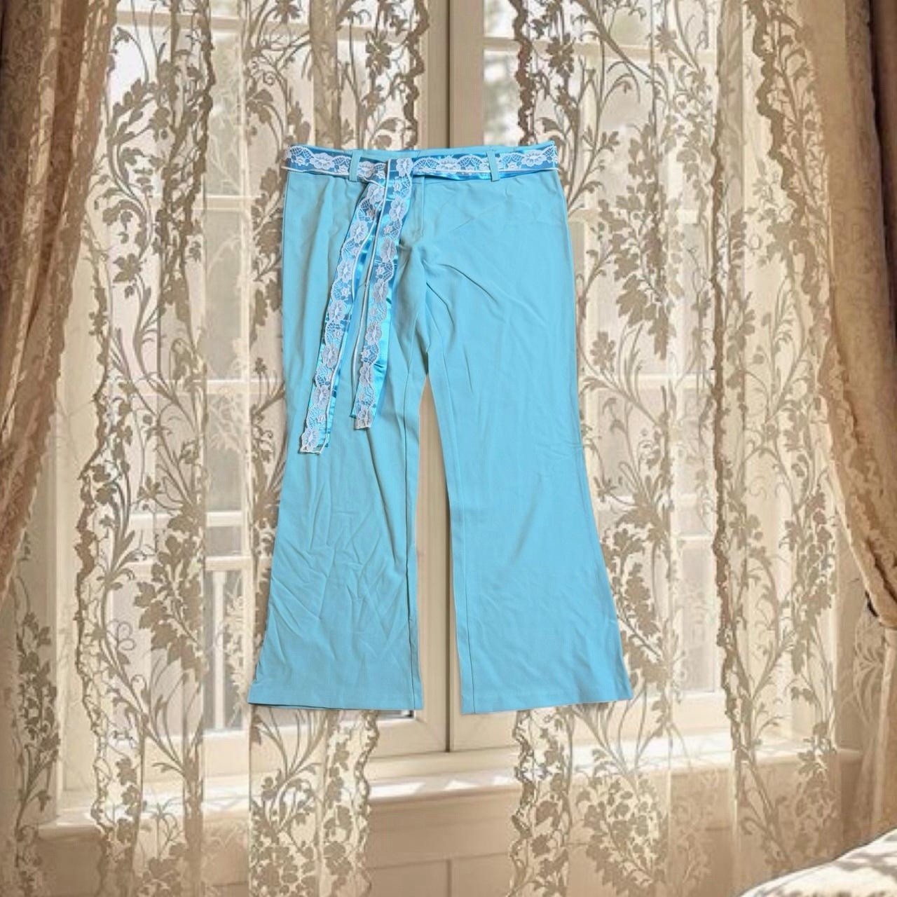 Vintage Y2K Deadstock Blue Low-rise Flare Capri Pants with Lacey Ribbon Belt