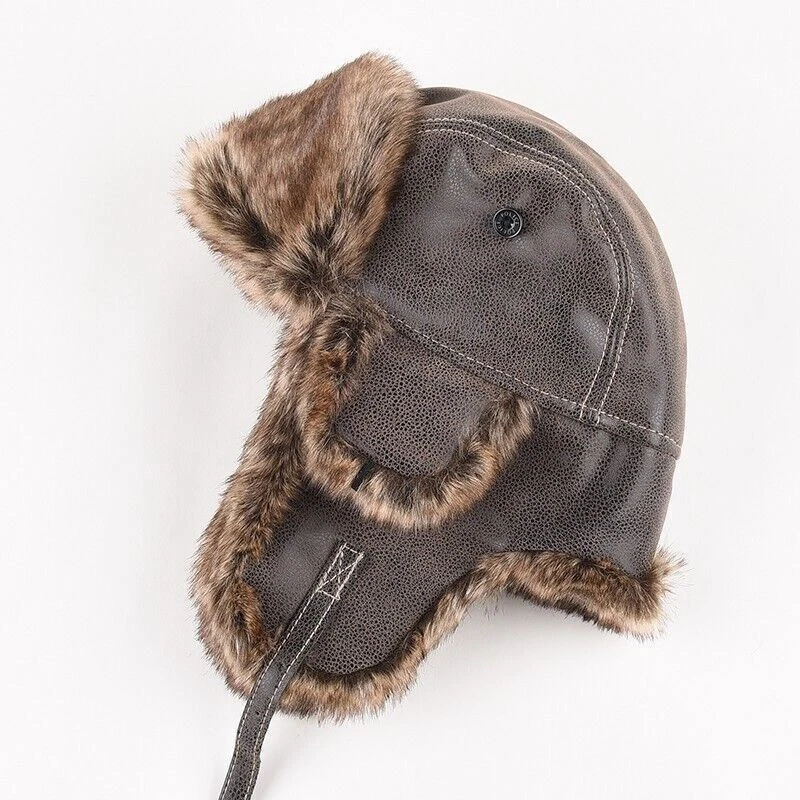 Gorra de aviador rusa Ushanka de cuero de mapache de invierno para hombre Foto 4 de 4