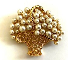 BROCHE PANIER DE FLEUR perle Flower Basket Brooch pin état NEUF ! 4,4cm 