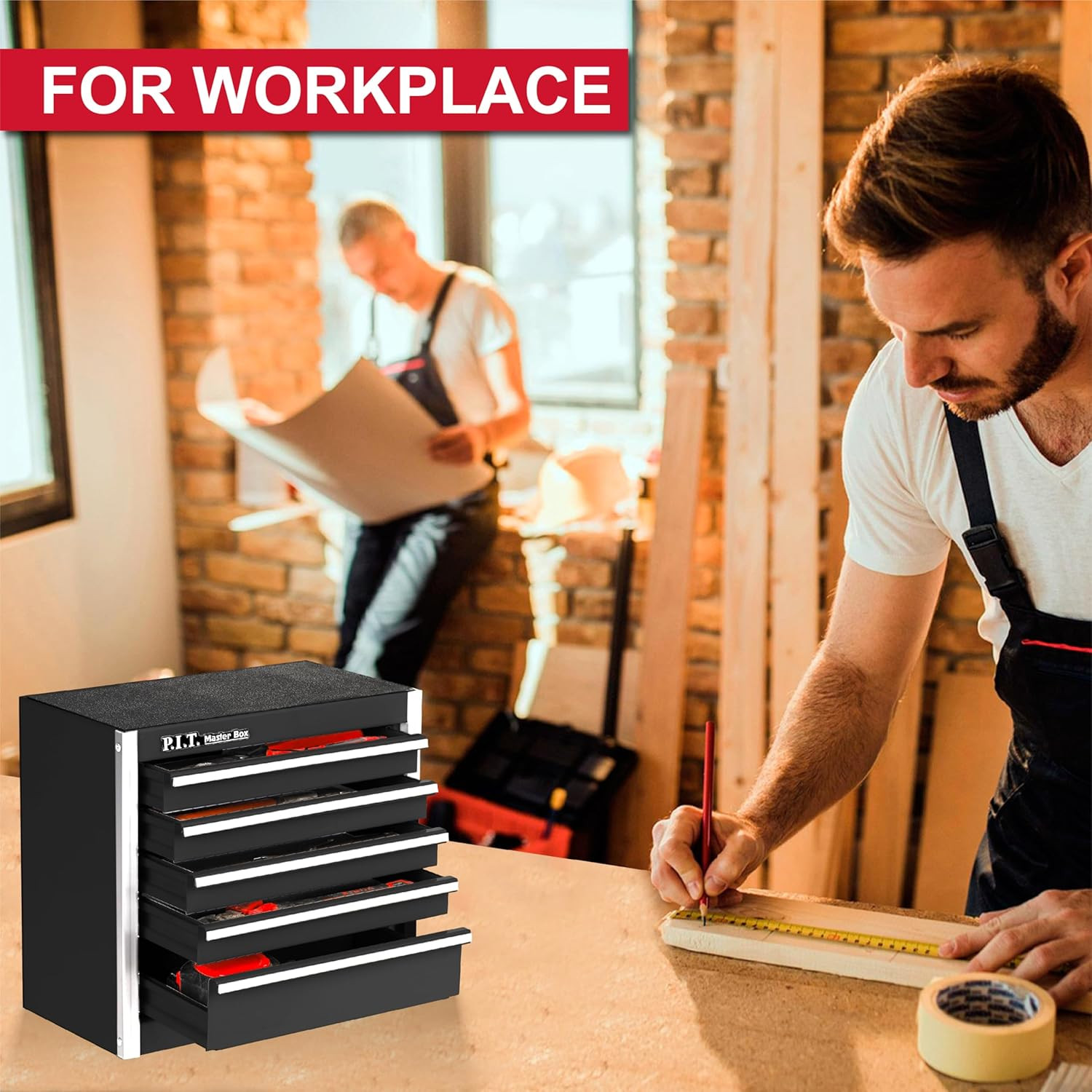 P.I.T. Mini Black Tool Box, Portable 5-Drawer Micro Roll Cab Steel Stackable Too