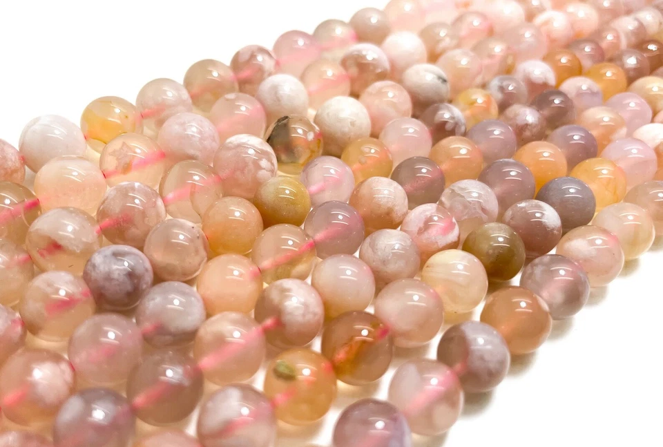 Natural Pink Cherry Blossom Agate Smooth Round Sphere Ball Gemstone Beads RN107 - Image 2 of 3
